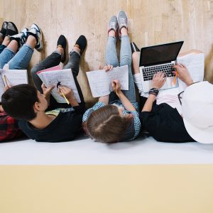 Top view of students coworking
