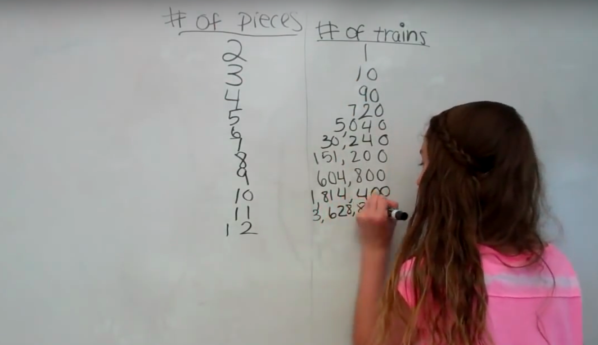 Girl counting trains on a whiteboard