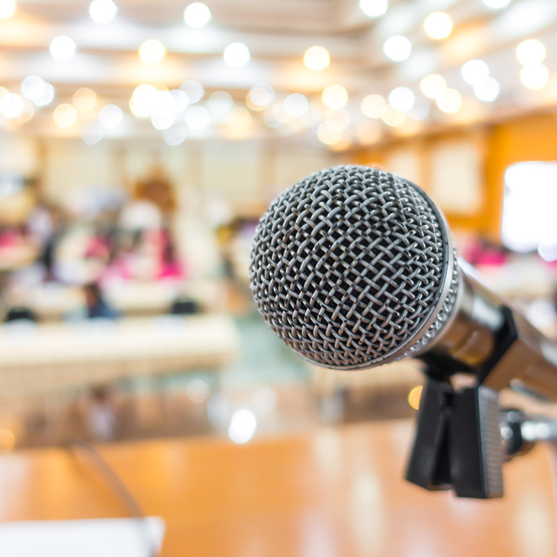 Black microphone in conference room