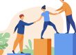Employees giving hands and helping colleagues to walk upstairs. Team giving support, growing together. Vector illustration for teamwork, mentorship, cooperation concept