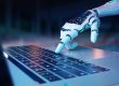 Robotic hand pressing a keyboard on a laptop 3D rendering