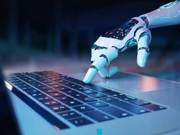 Robotic hand pressing a keyboard on a laptop 3D rendering Robotic hand pressing a keyboard on a laptop 3D rendering