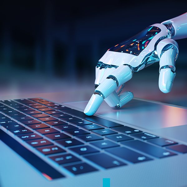 Robotic hand pressing a keyboard on a laptop 3D rendering