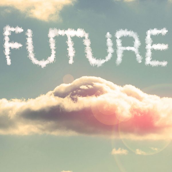 Silhouette on ladder looking at FUTURE written in the sky above clouds