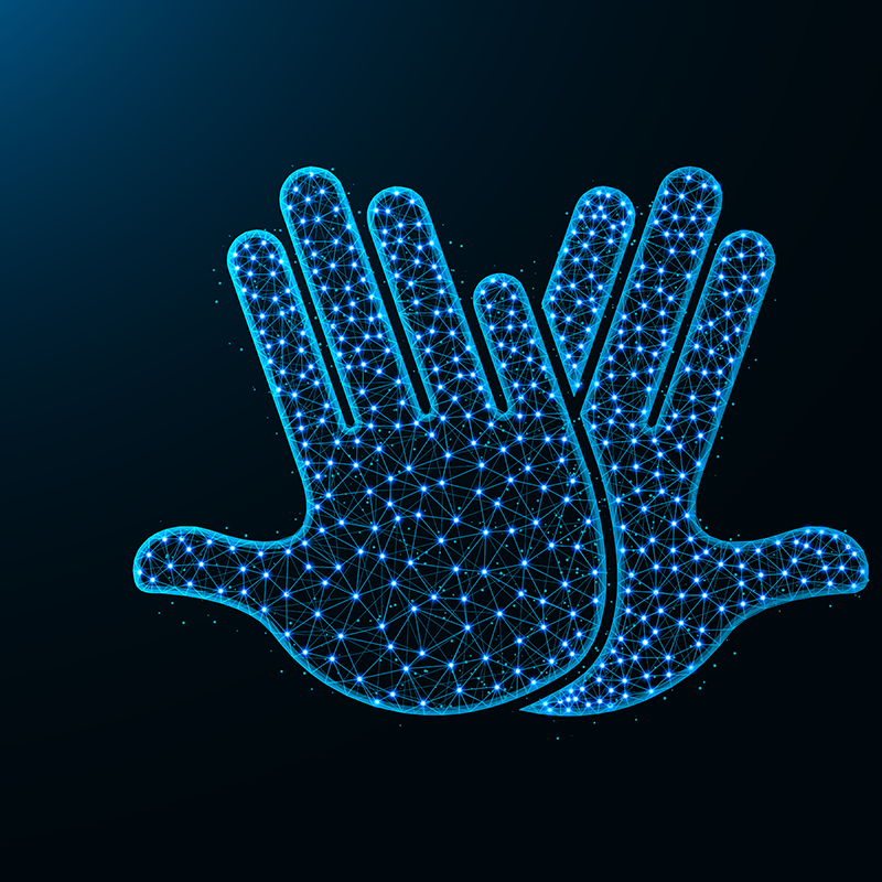 Blue dot hands on a black background giving a virtual high five