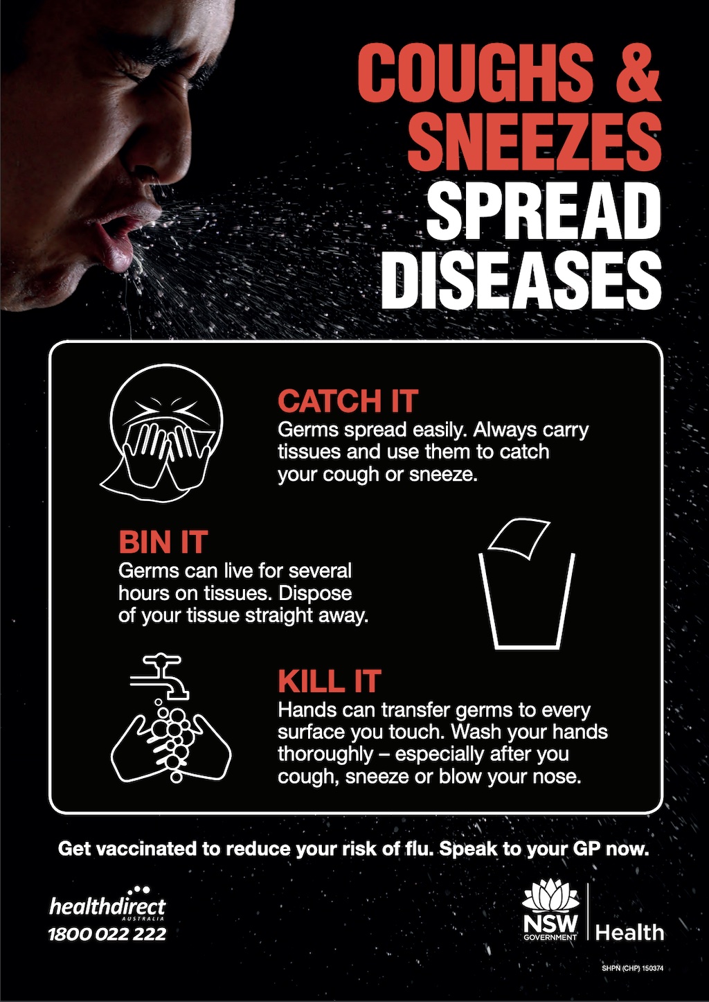 Coughs and sneezes spread diseases poster