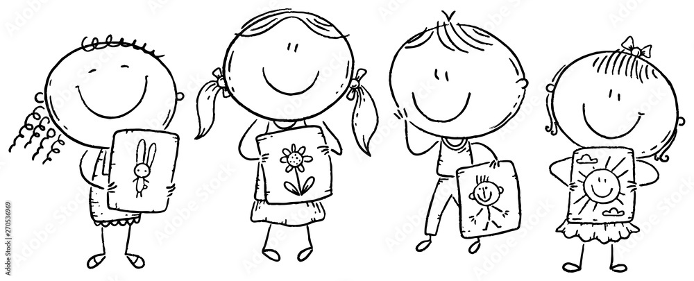 Cartoon of kids holding pictures Cartoon of kids holding pictures
