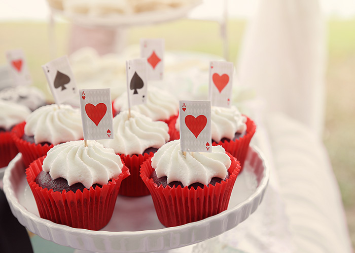 Red velvet cupcakes with playing cards toppers, Alice in wonderland tea party, toning