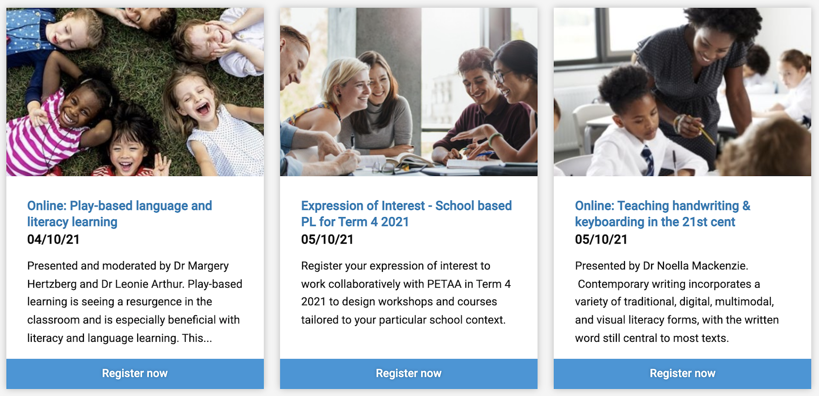 Snippet of PETAA website showing three panels to register for Professional Learning