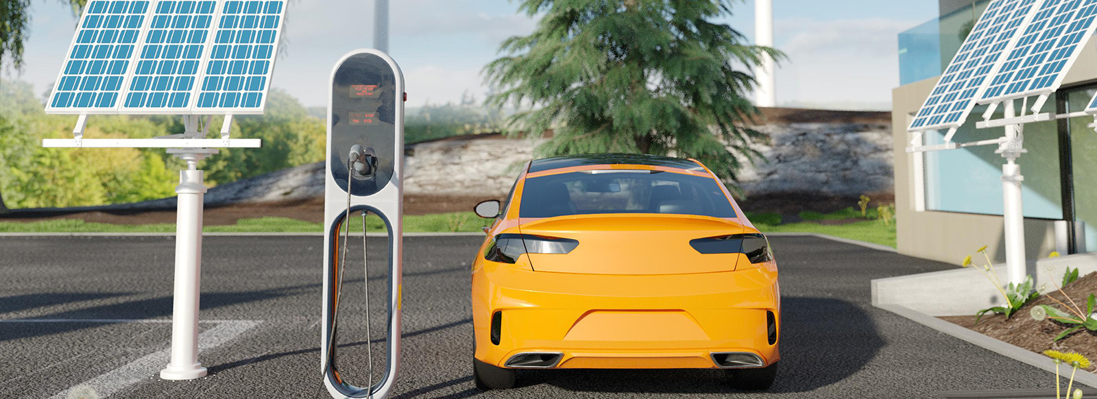 3D Electric car parked near charging point