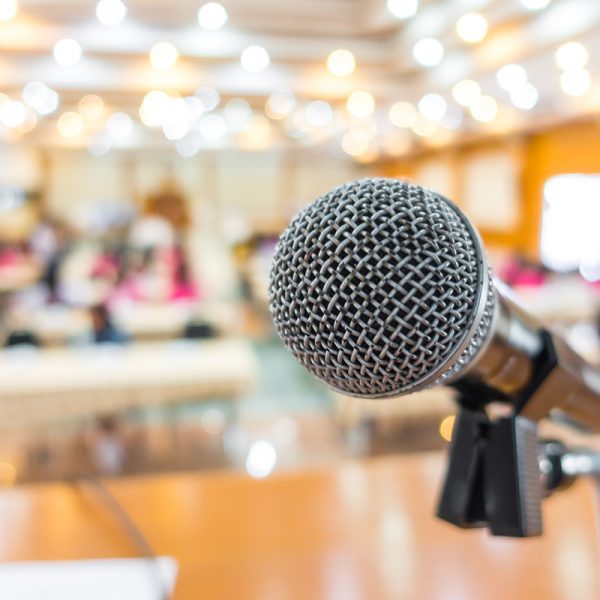 Black microphone in conference room