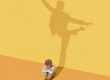 Flexibility. Childhood and dream concept. Conceptual image with child and shadow on the yellow studio wall. Little boy want to become ballet dancer, artist in theatre or businessman, office man.